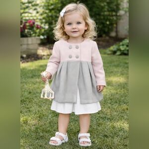 Tahari Baby Classic Pleated Faux Wool Jacket Lined Two Tone Pink & Gray Pea Coat